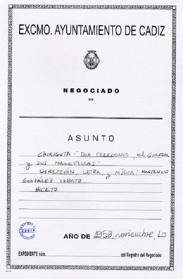Carpeta de Inscripción de la agrupación "Don Celedonio, el guardia y sus maletillas" en el COAC de Cádiz.