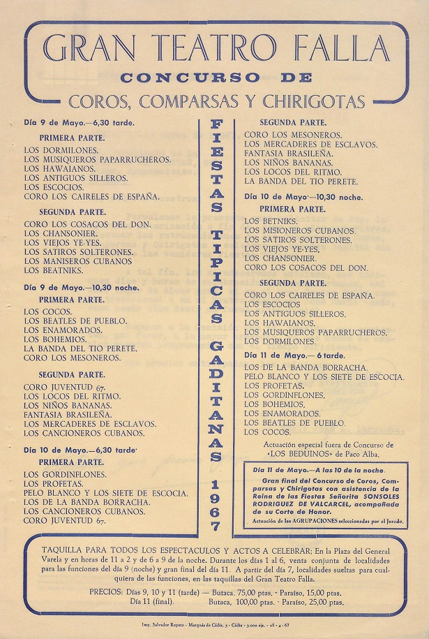 Orden de actuación del Concurso de Coros, Comparsas y Chirigotas del Gran Teatro Falla de Cádiz 1967