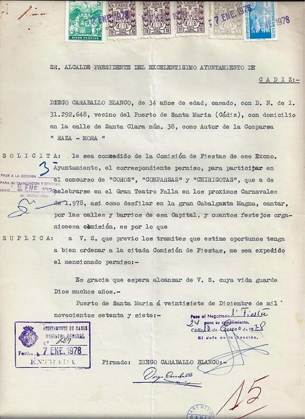Solicitud de Permiso para Concursar en el COAC y poder transitar por las calles de Cádiz durante los días de los Carnavales.