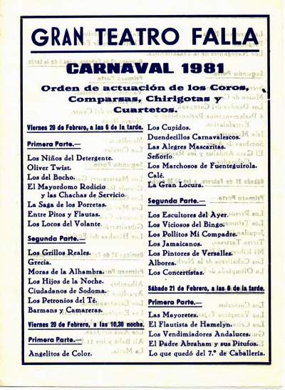 Orden de Actuación del COAC del Gran Teatro Falla 1981