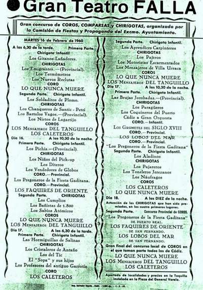 Orden de Actuación del COAC del Gran Teatro Falla 1960.