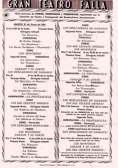 Orden de Actuación del COAC del Gran Teatro Falla - 1961.