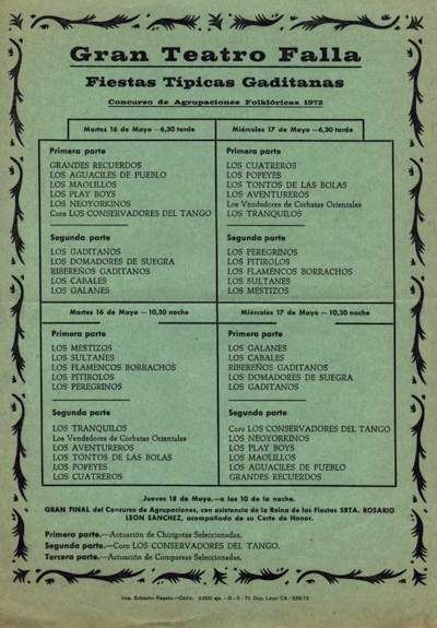 Orden de Actuación del COAC del Gran Teatro Falla 1972.