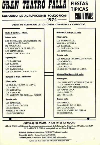 Orden de Actuación del COAC del Gran Teatro Falla 1974