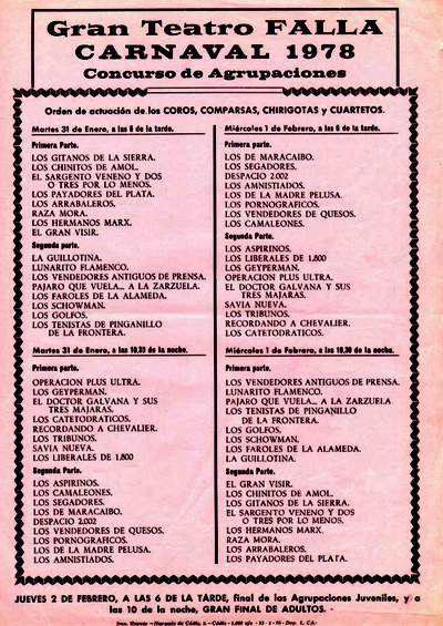 Orden de Actuación del COAC del Gran Teatro Falla 1978